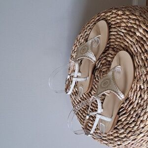 Jack Rogers Womens Off White/Gold Trim Leather T-Strap Slingback Flat Sandals S6